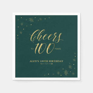 Serviette En Papier Gold & Green Modern Cheers 100e fête d'anniversair