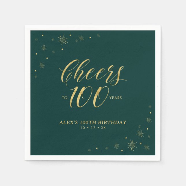 Serviette En Papier Gold & Green Modern Cheers 100e fête d'anniversair (Devant)