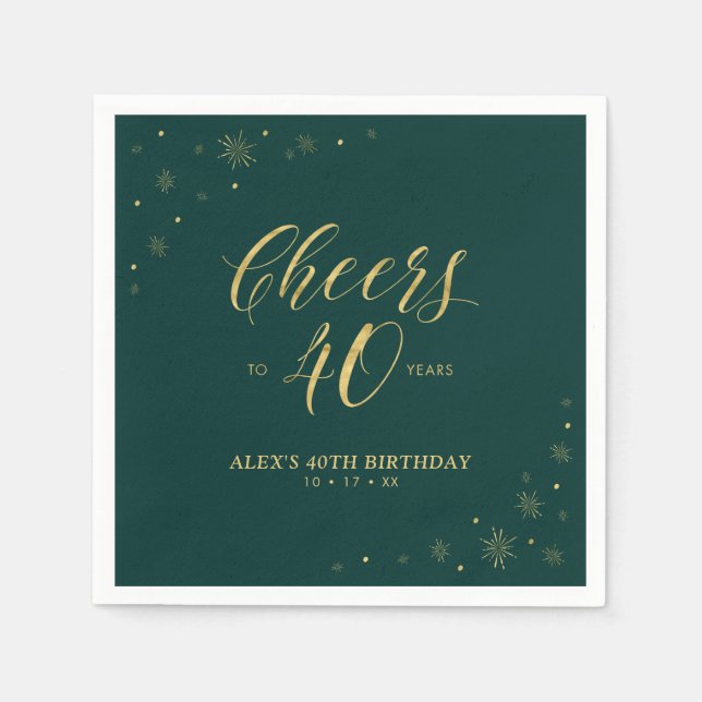Serviette En Papier Gold & Green Modern Cheers 40e fête d'anniversaire (Devant)