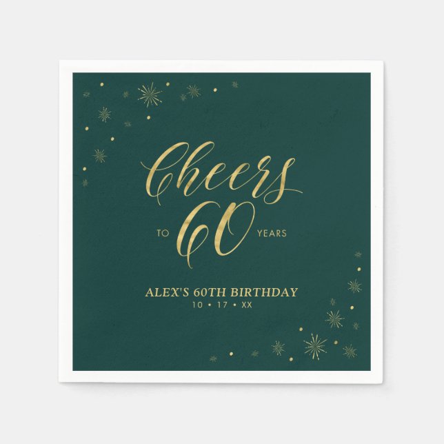 Serviette En Papier Gold & Green Modern Cheers 60e fête d'anniversaire (Devant)