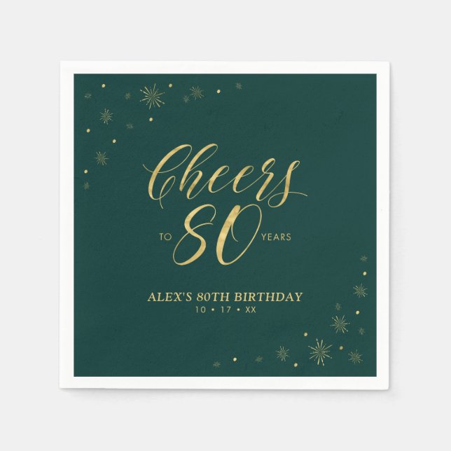 Serviette En Papier Gold & Green Modern Cheers 80e fête d'anniversaire (Devant)