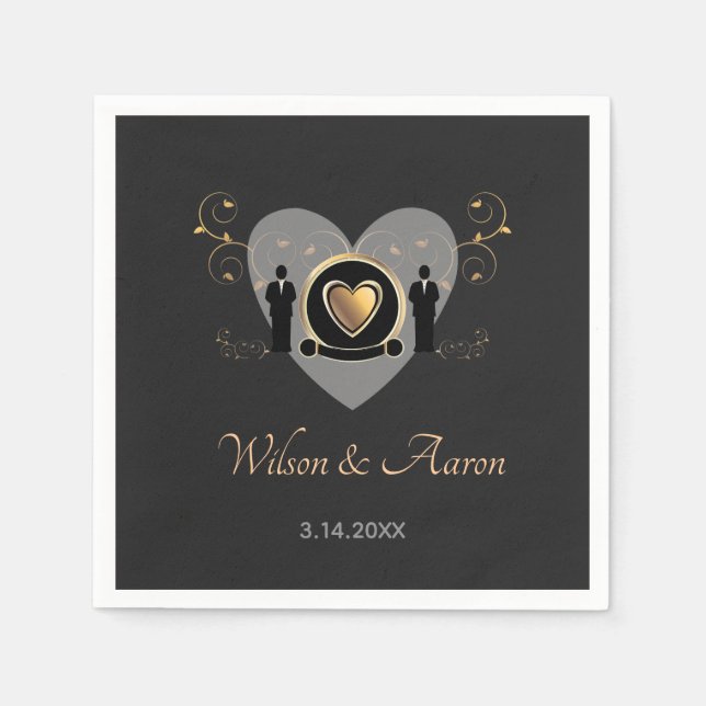 Serviette En Papier Gold Heart Homme Mariage | Papier Napkin (Devant)