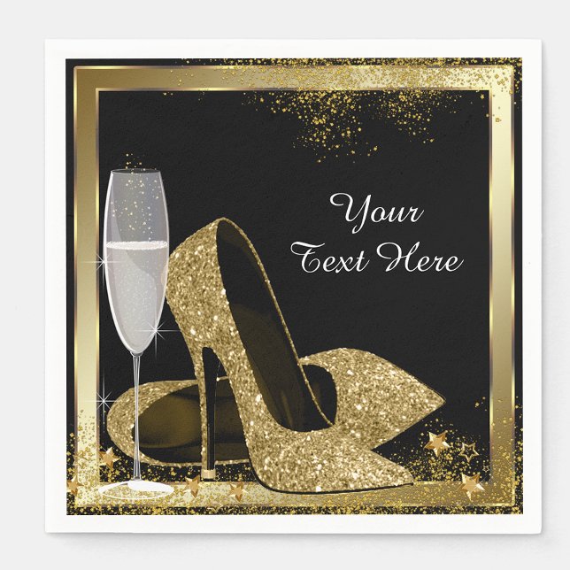 Serviette En Papier Gold High Heel Anniversaire (Add your text to personalize these pretty black and gold high heel napkins.)