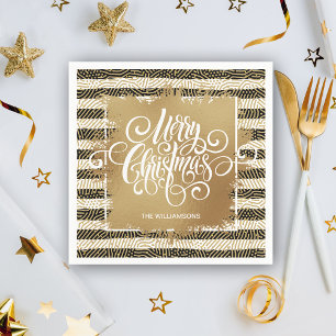 Serviette En Papier Gold Joyeux Noël noir blanc rayures