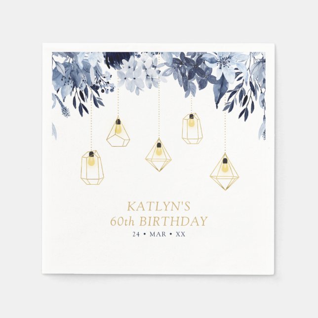 Serviette En Papier Gold Lights & Navy Blue Floral fête d'anniversaire (Devant)
