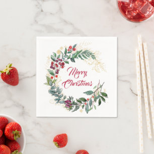 Serviette En Papier Gold Line Art et Red Berries Noël
