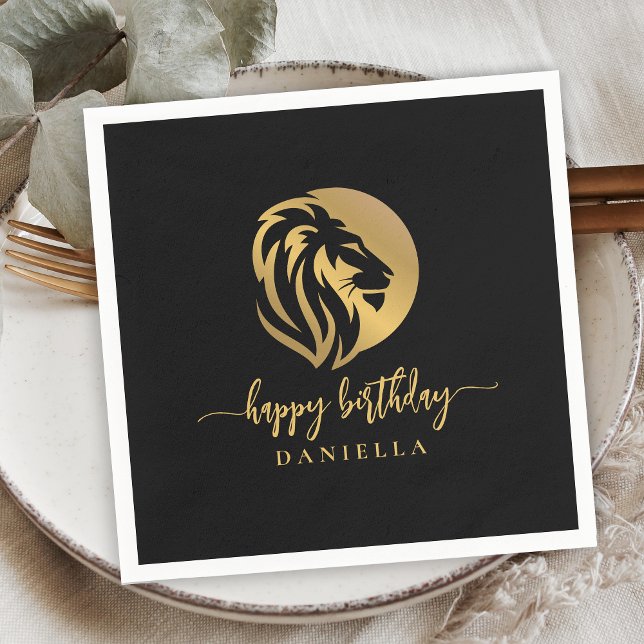 Serviette En Papier Gold Lion Leo Joyeux Anniversaire avec nom (Créateur téléchargé)