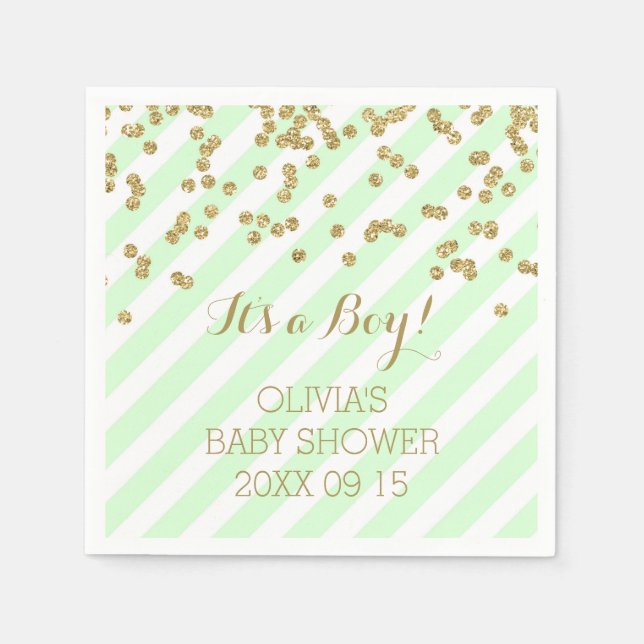 Serviette En Papier Gold Mint Green Confetti Stripes Baby shower (Devant)
