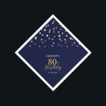 Serviette En Papier Gold moderne & Navy Blue 80th Birthday Party<br><div class="desc">Cette serviette en papier personnalisée ajoutera des détails élégants à votre journée spéciale. Ce design présente des confettis hexagones dorés et bleu marine modernes avec du texte personnalisé. Parfait pour une soirée dorée moderne 80ème anniversaire. Des invitations et des fournitures de fête correspondants sont disponibles dans ma boutique BaraBomDesign.</div>