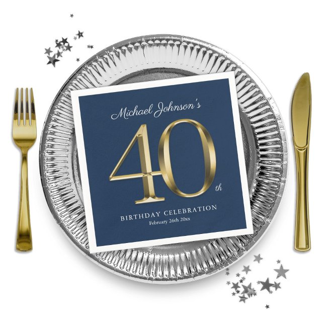 Serviette En Papier Gold Navy Blue Custom 40e fête d'anniversaire (Gold Navy Blue Custom 40th Birthday Party Napkins)