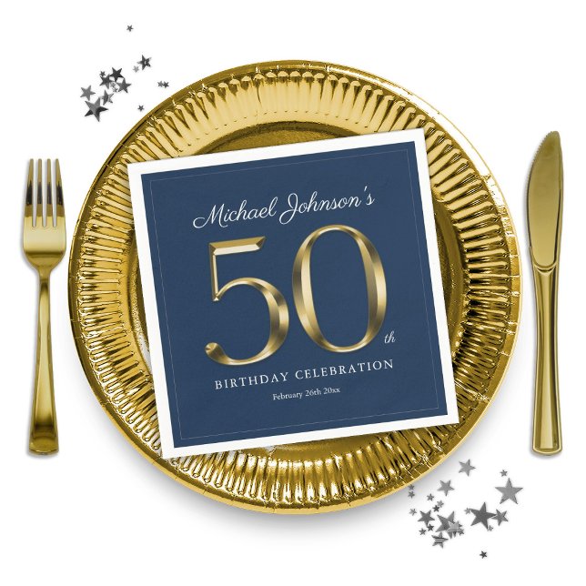 Serviette En Papier Gold Navy Blue Typographie 50e fête d'anniversaire (Gold Navy Blue Typography 50th Birthday Party Napkins)