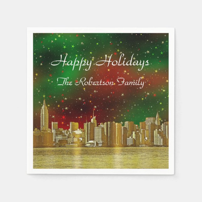Serviette En Papier Gold NYC Skyline #1 Christmas Red Green Starry (Devant)