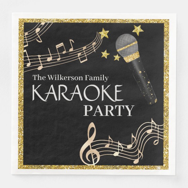 Serviette En Papier Gold Parties scintillant Black Microphone Musique  (Devant)
