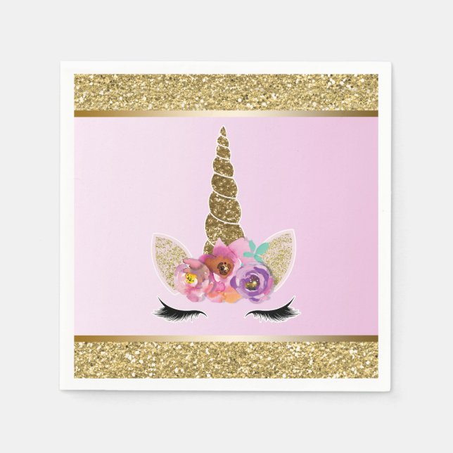 Serviette En Papier Gold Parties scintillant Glam Unicorn rose fête d' (Devant)