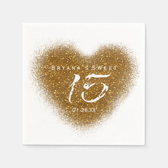 Serviette En Papier Gold Parties scintillant Heart 15 Quinceincera Par (Devant)