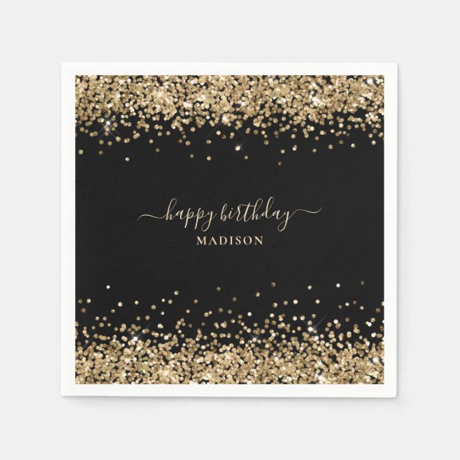 Serviette En Papier Gold Parties scintillant Nom Black Happy Birthday (Devant)