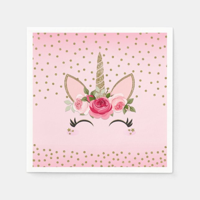 Serviette En Papier Gold Parties scintillant & Rose Floral Unicorn fêt (Devant)