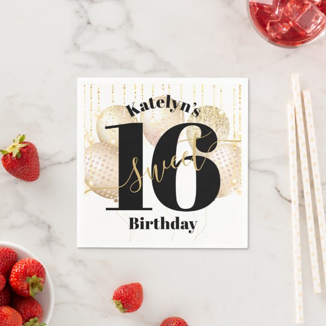 Serviette En Papier Gold Parties scintillant Sweet 16 Ballons d'annive (En situation)