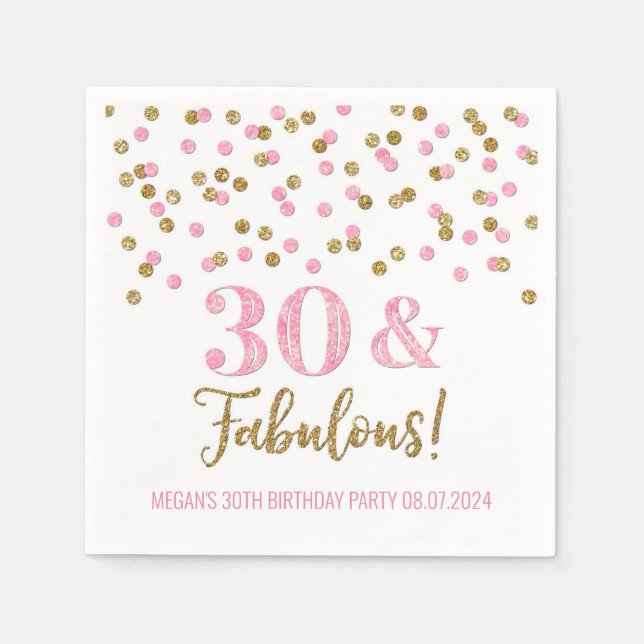 Serviette En Papier Gold Pink Confetti 30 & Fabuleux (Devant)