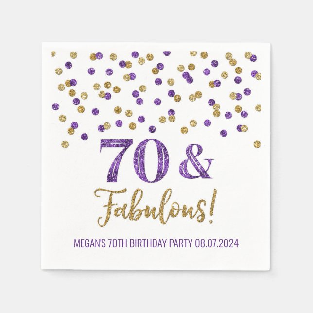 Serviette En Papier Gold Purple Confetti 70 & Fabuleux (Devant)