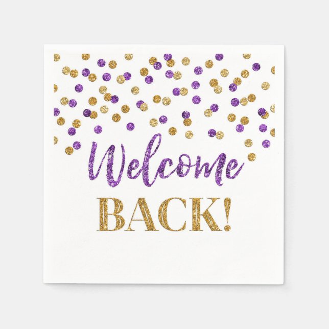 Serviette En Papier Gold Purple Confetti Bienvenue Retour (Devant)