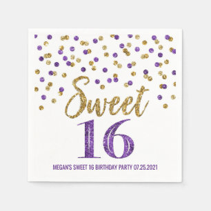 Serviette En Papier Gold Purple Confetti Sweet 16 Anniversaire