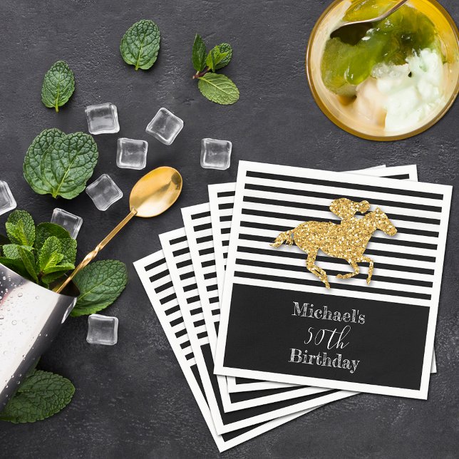 Serviette En Papier Gold Racehorse Black White Stripes Anniversaire (Gold racehorse and jockey on black and white stripes Derby  party cocktail napkins)