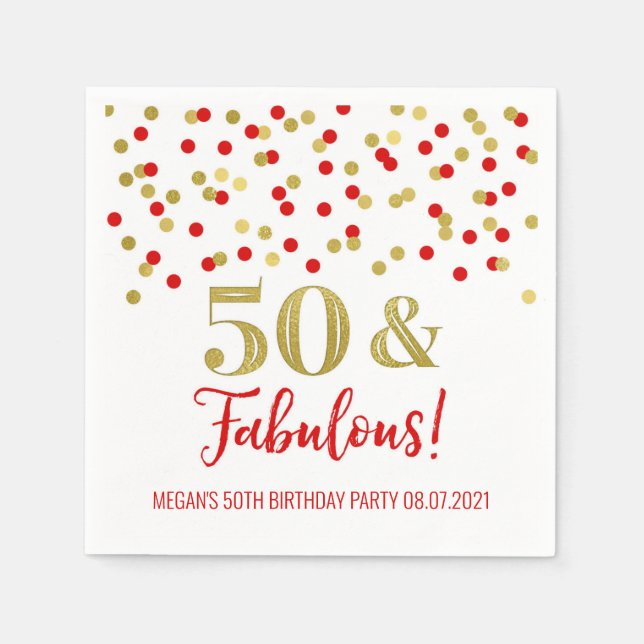 Serviette En Papier Gold Red Confetti 50 & Fabuleux anniversaire (Devant)