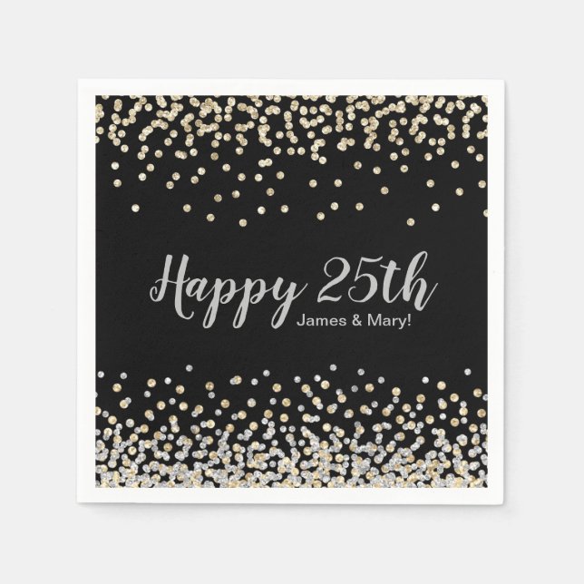 Serviette En Papier Gold Silver Confetti Personnalisé 25ème anniversai (Devant)