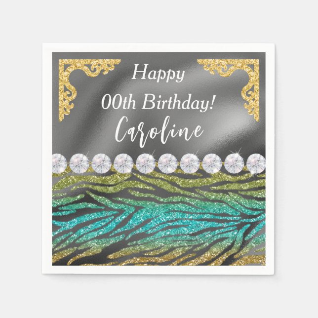 Serviette En Papier Gold Silver Foil & Turquoise Zebra Imprimer Annive (Devant)