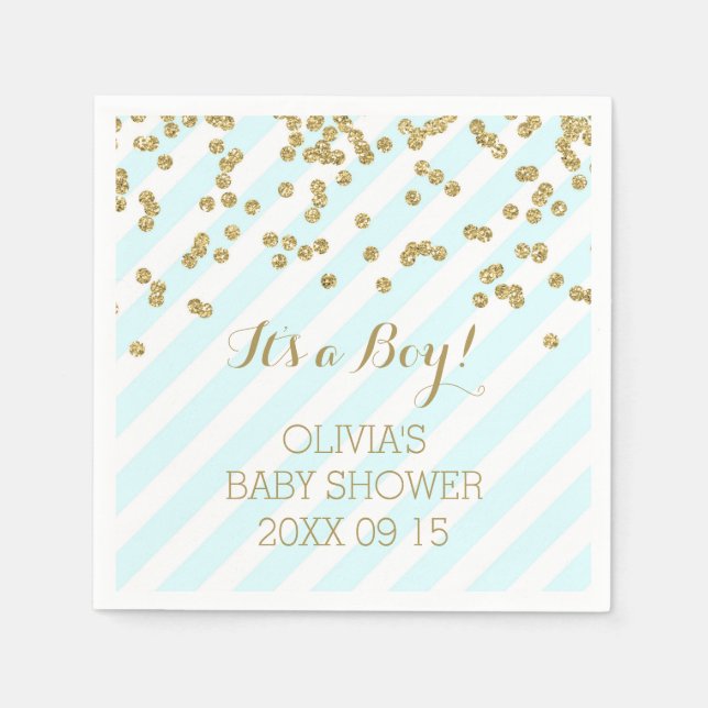 Serviette En Papier Gold Sky Blue Confetti Stripes Baby shower (Devant)