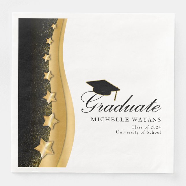 Serviette En Papier Gold Stars Black Casquette Graduation Party Paper  (Devant)