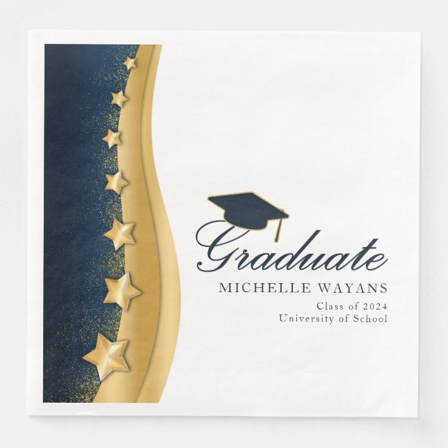 Serviette En Papier Gold Stars Blue Casquette Graduation Party (Devant)