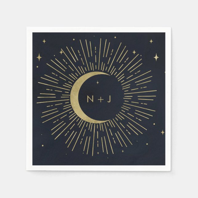 Serviette En Papier Gold Stars Night Celestial Sunburst Moon Mariage (Devant)