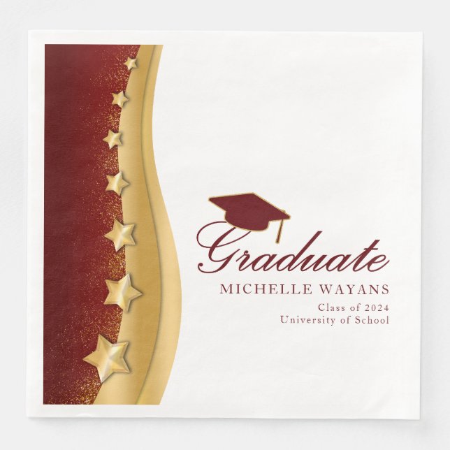 Serviette En Papier Gold Stars Red Casquette Graduation Party (Devant)