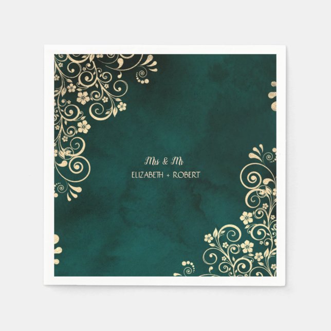 Serviette En Papier Gold Swirls Emerald Green Wedding  (Devant)