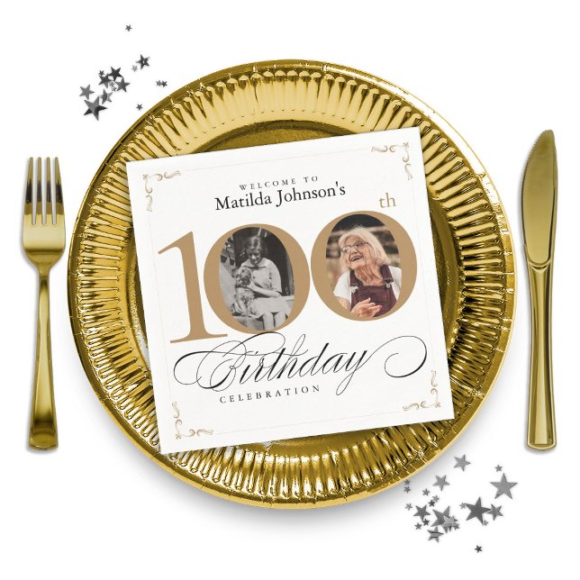 Serviette En Papier Gold White Custom Photo 100e fête d'anniversaire (Gold White Custom Photo 100th Birthday Party Napkins)