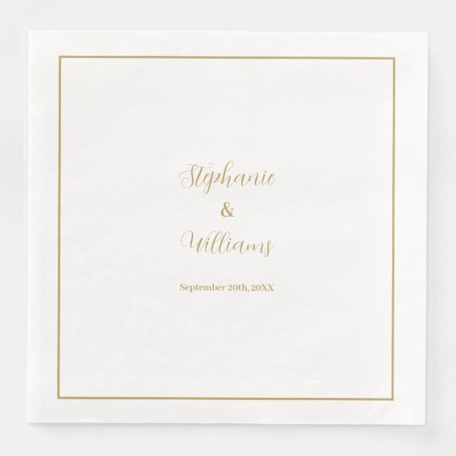 Serviette En Papier Gold White Elegant Simple Nom Mariage Minimal (Devant)