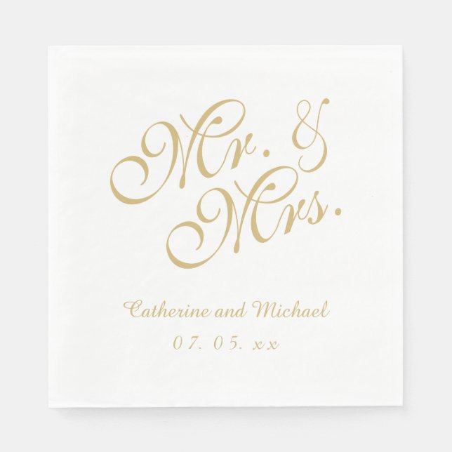 Serviette En Papier Gold White, M. et Mme. | Papier mariage (Devant)