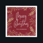 Serviette En Papier Gold Winter Greenery Red Christmas<br><div class="desc">Ajoutez cette serviette élégante à votre événement de vacances. L'hôtel dispose d'une bordure de verdure dorée sur un arrière - plan rouge foncé. Le message "Joyeux Noël" est un texte de style manuscrit tendance. Personnalisez avec votre nom.</div>