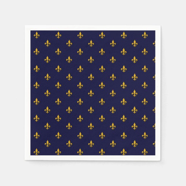Serviette En Papier Golden Fleur de Lis sur Navy Blue (Devant)