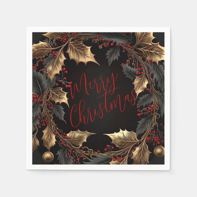 Serviette En Papier Golden Holly Wreath – Elegant Christmas (Devant)