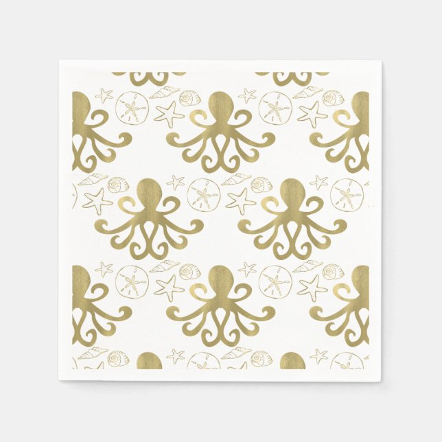 Serviette En Papier Golden Octopus & Sea Shells Beach Anniversaire Fêt (Devant)