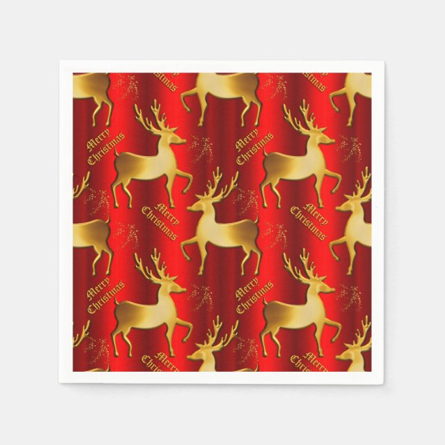 Serviette En Papier Golden Reindee sur Red Joyeux Noël (Devant)