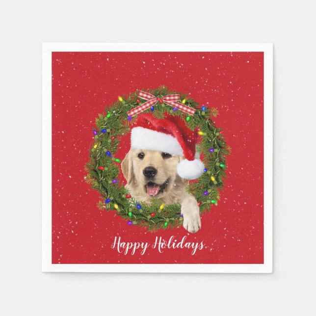 Serviette En Papier Golden Retrieve in holiday wreath (Devant)