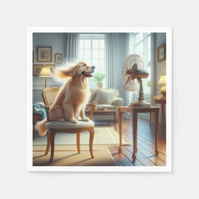Serviette En Papier Golden Retriever assis devant un ventilateur (Devant)
