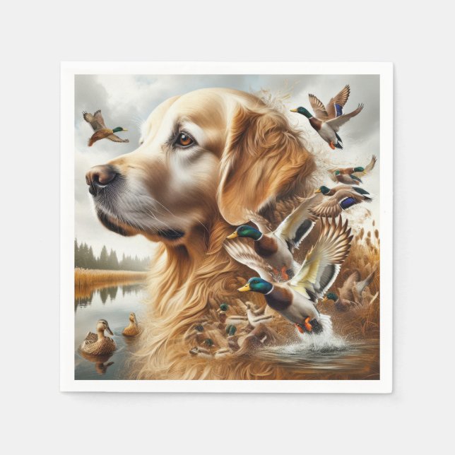 Serviette En Papier Golden Retriever Avec Canards Majards (Devant)