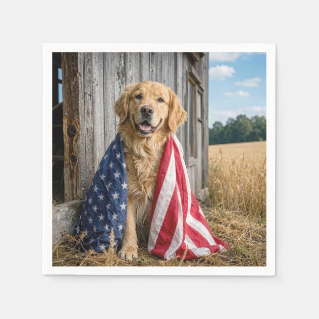 Serviette En Papier Golden Retriever drapé dans un drapeau américain (Devant)