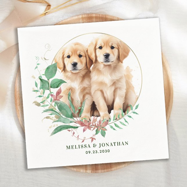 Serviette En Papier Golden Retriever Moderne Botanique Floral Mariage (Créateur téléchargé)