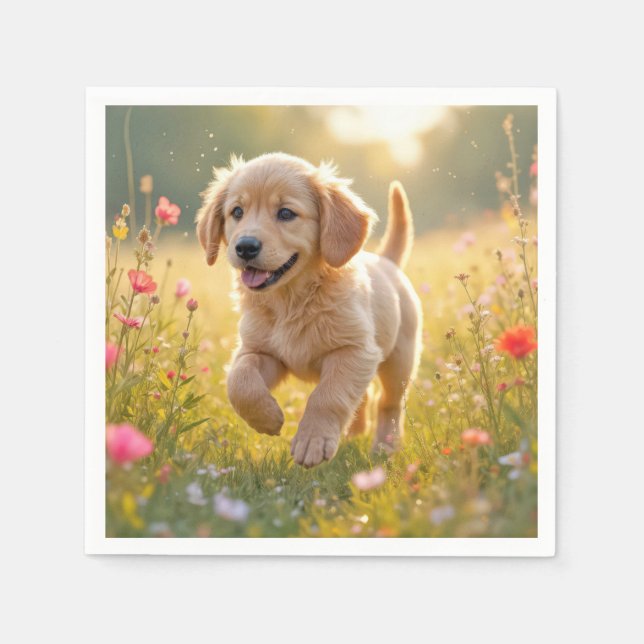 Serviette En Papier Golden Retriever Puppy Running In a Meadow (Devant)
